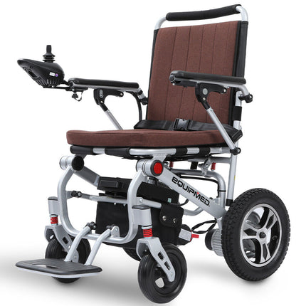 EQUIPMED Ultra-Light Power Wheelchair, Tight Turning, Airline Approved, ARTG Certified, Aluminium Frame, Lithium Battery, Brown.