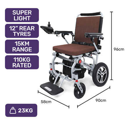 EQUIPMED Ultra-Light Power Wheelchair, Tight Turning, Airline Approved, ARTG Certified, Aluminium Frame, Lithium Battery, Brown.