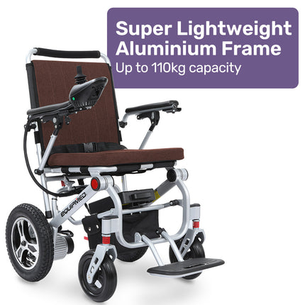EQUIPMED Ultra-Light Power Wheelchair, Tight Turning, Airline Approved, ARTG Certified, Aluminium Frame, Lithium Battery, Brown.