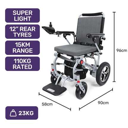 EQUIPMED Ultra-Light Power Wheelchair, Tight Turning, Airline Approved, Folding, ARTG Certified, Aluminium Frame, Lithium Battery, Grey.