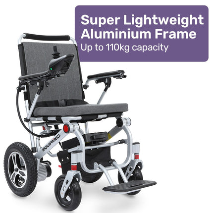 EQUIPMED Ultra-Light Power Wheelchair, Tight Turning, Airline Approved, Folding, ARTG Certified, Aluminium Frame, Lithium Battery, Grey.