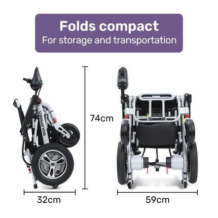 EQUIPMED Ultra-Light Power Wheelchair, Tight Turning, Airline Approved, Folding, ARTG Certified, Aluminium Frame, Lithium Battery, Grey.