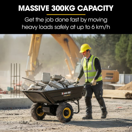 BAUMR-AG 40V Li-ion Powered 300KG / 300L Wheelbarrow, ATV Tow Bar, Deep V-tread Tyre, 2 Wheel Direct Drive.