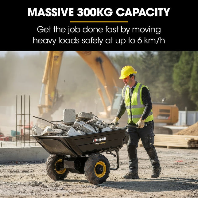 BAUMR-AG 40V Li-ion Powered 300KG / 300L Wheelbarrow, ATV Tow Bar, Deep V-tread Tyre, 2 Wheel Direct Drive.