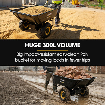 BAUMR-AG 40V Li-ion Powered 300KG / 300L Wheelbarrow, ATV Tow Bar, Deep V-tread Tyre, 2 Wheel Direct Drive.