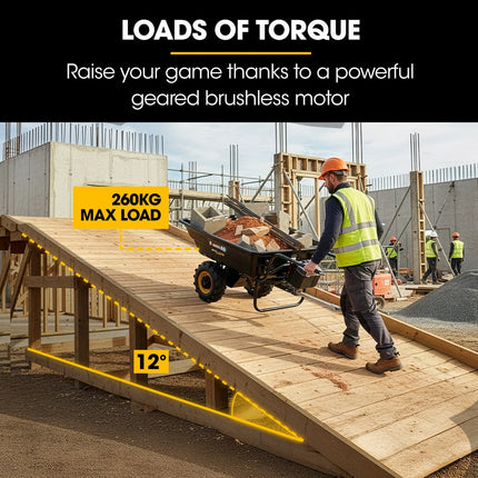 BAUMR-AG 40V Li-ion Powered 300KG / 300L Wheelbarrow, ATV Tow Bar, Deep V-tread Tyre, 2 Wheel Direct Drive.