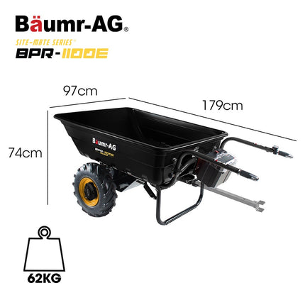 BAUMR-AG 40V Li-ion Powered 300KG / 300L Wheelbarrow, ATV Tow Bar, Deep V-tread Tyre, 2 Wheel Direct Drive.