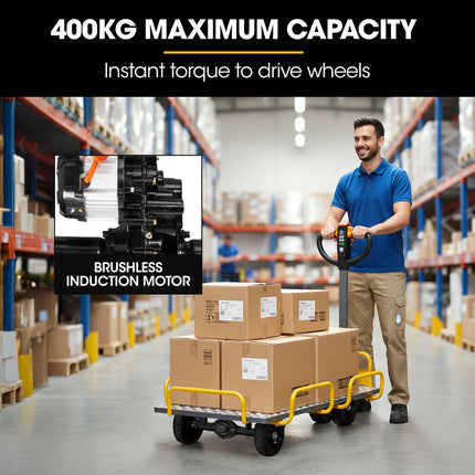 BAUMR-AG 40V Li-ion 400kg Electric Powered Platform Trolley, Adjustable Tray, Utility Cart Trolley for Warehouse Logistics Worksite.