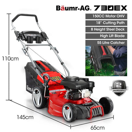 BAUMR-AG 18" 150cc Lawn Mower, 8 Heights, Steel Deck, Cup Holders, 4-Stroke Petrol Lawnmower - 730EX.