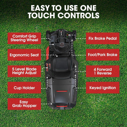 BAUMR-AG 24" Ride On Lawn Mower, Lithium Electric Start System, 6HP 224cc, 5 Cut Heights, Catcher and Mulch Kit.