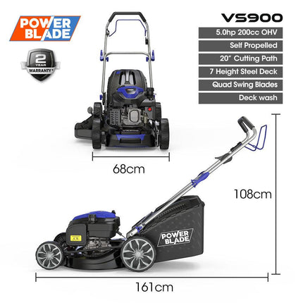 PowerBlade 20" 200cc Self-Propelled Lawn Mower, 7 Height, Steel Deck, Deck Wash Port, OHV 4-Stroke Petrol - VS900.