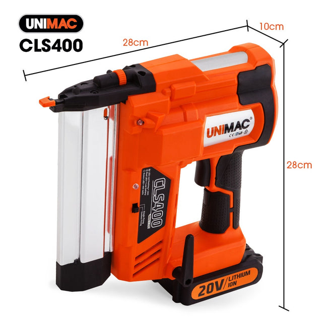 UNIMAC CLS400 20-50mm 16ga Finishing Nail Gun, Cordless 20V Lithium Nailer Kit.