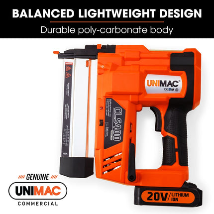 UNIMAC CLS400 20-50mm 16ga Finishing Nail Gun, Cordless 20V Lithium Nailer Kit.