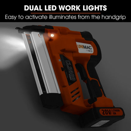 UNIMAC CLS400 20-50mm 16ga Finishing Nail Gun, Cordless 20V Lithium Nailer Kit.