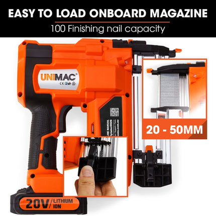 UNIMAC CLS400 20-50mm 16ga Finishing Nail Gun, Cordless 20V Lithium Nailer Kit.