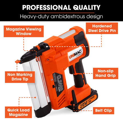 UNIMAC CLS400 20-50mm 16ga Finishing Nail Gun, Cordless 20V Lithium Nailer Kit.