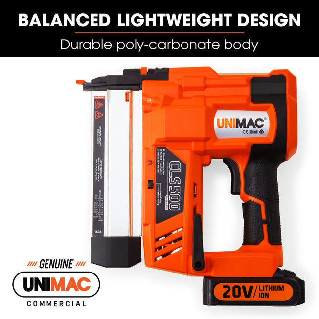 UNIMAC CLS500 15-50mm 18ga 2-in-1 Stapler/Brad Nail Gun, Cordless 20V Lithium Nailer.
