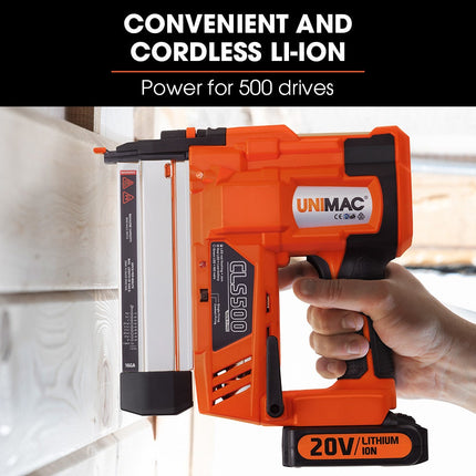 UNIMAC CLS500 15-50mm 18ga 2-in-1 Stapler/Brad Nail Gun, Cordless 20V Lithium Nailer.