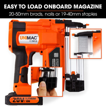 UNIMAC CLS500 15-50mm 18ga 2-in-1 Stapler/Brad Nail Gun, Cordless 20V Lithium Nailer.