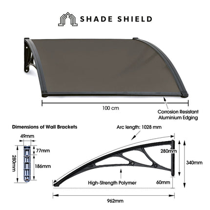 SHADE SHIELD 1x1m Aluminium Exterior Awning, Black DIY External UV Rain Protection Grey Tinted Polycarbonate Canopy Cover.