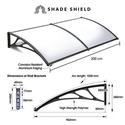 SHADE SHIELD 2x1m Aluminium Exterior Awning, Black DIY External UV Rain Protection Clear Polycarbonate Canopy Cover.