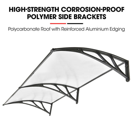 SHADE SHIELD 2x1m Aluminium Exterior Awning, Black DIY External UV Rain Protection Clear Polycarbonate Canopy Cover.