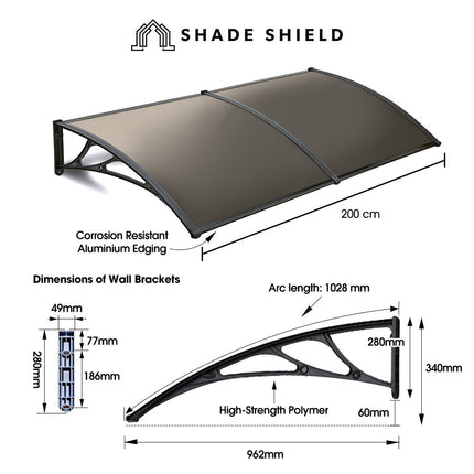 SHADE SHIELD 2x1m Aluminium Exterior Awning, Black DIY External UV Rain Protection Grey Tinted Polycarbonate Canopy Cover.
