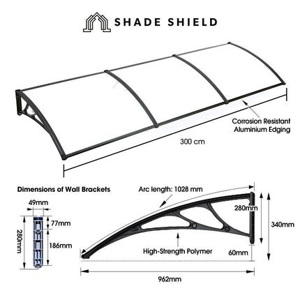 SHADE SHIELD 3x1m Aluminium Exterior Awning, Black DIY External UV Rain Protection Clear Polycarbonate Canopy Cover.
