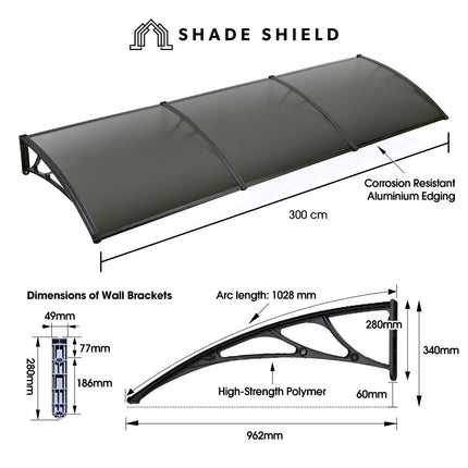 SHADE SHIELD 3x1m Aluminium Exterior Awning, Black DIY External UV Rain Protection Grey Tinted Polycarbonate Canopy Cover.