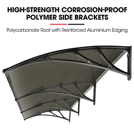 SHADE SHIELD 3x1m Aluminium Exterior Awning, Black DIY External UV Rain Protection Grey Tinted Polycarbonate Canopy Cover.
