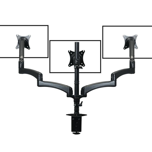 FORTIA Triple Computer Monitor Mount Stand for Desk with 3 Adjustable Arm Holder for 15 to 32 inch Displays.