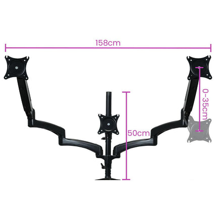 FORTIA Triple Computer Monitor Mount Stand for Desk with 3 Adjustable Arm Holder for 15 to 32 inch Displays.
