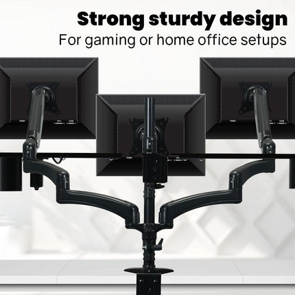 FORTIA Triple Computer Monitor Mount Stand for Desk with 3 Adjustable Arm Holder for 15 to 32 inch Displays.
