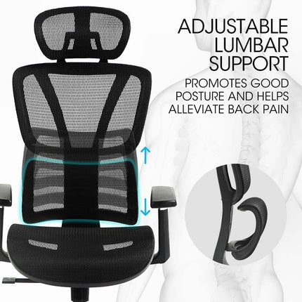 Fortia Ergonomic Office Desk Chair, Coolmesh Fabric, Adjustable Lumbar Support, Headrest, Armrest and Recline, Black Mesh/Black Frame.