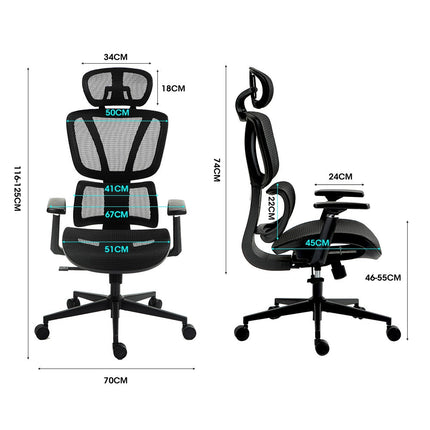 Fortia Ergonomic Office Desk Chair, Coolmesh Fabric, Adjustable Lumbar Support, Headrest, Armrest and Recline, Black Mesh/Black Frame.