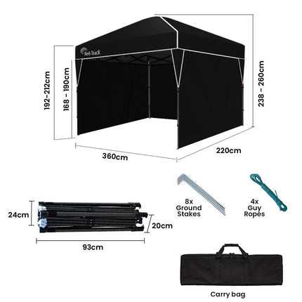 RED TRACK 3.6x2.2m Ultra Compact Folding Gazebo, Walls, Carry bag, Portable Outdoor Popup Marquee for Camping Beach, Black.