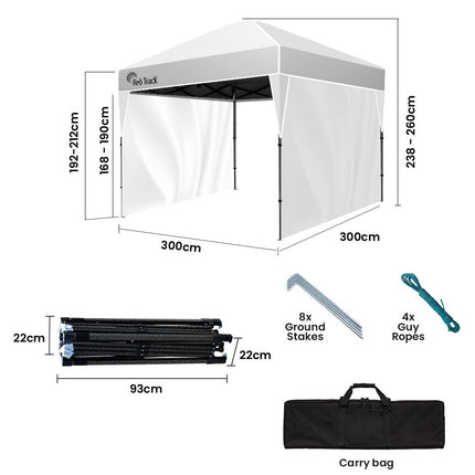 RED TRACK 3x3m Ultra Compact Folding Gazebo, Walls, Carry bag, Portable Outdoor Popup Marquee for Camping Beach, White.
