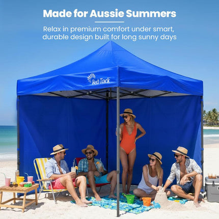 RED TRACK 3x3m Premium Pop Up Gazebo Marquee, Patented Steel Cable Canopy Support System, Wheeled Carry Bag, Side Walls, UV Block, Reinforced Frame, Blue.