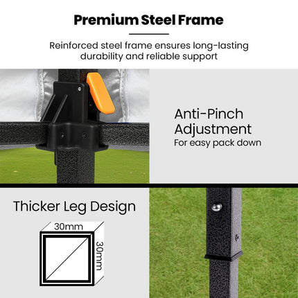 RED TRACK 3x3m Premium Pop Up Gazebo Marquee, Patented Steel Cable Canopy Support System, Wheeled Carry Bag, Side Walls, UV Block, Reinforced Frame, Blue.