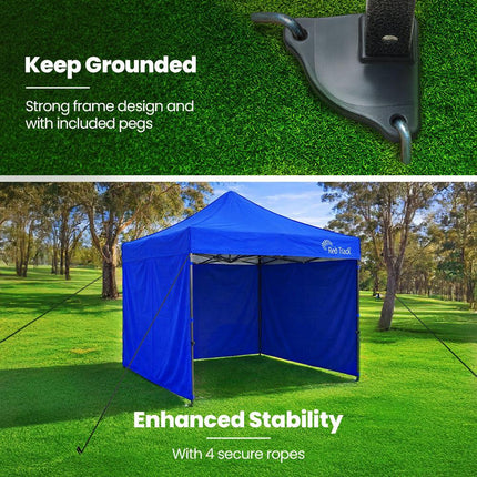 RED TRACK 3x3m Premium Pop Up Gazebo Marquee, Patented Steel Cable Canopy Support System, Wheeled Carry Bag, Side Walls, UV Block, Reinforced Frame, Blue.