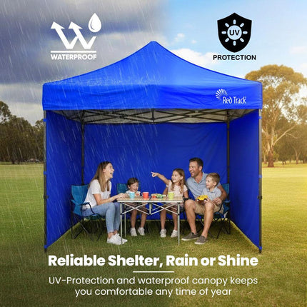 RED TRACK 3x3m Premium Pop Up Gazebo Marquee, Patented Steel Cable Canopy Support System, Wheeled Carry Bag, Side Walls, UV Block, Reinforced Frame, Blue.