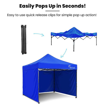 RED TRACK 3x3m Premium Pop Up Gazebo Marquee, Patented Steel Cable Canopy Support System, Wheeled Carry Bag, Side Walls, UV Block, Reinforced Frame, Blue.