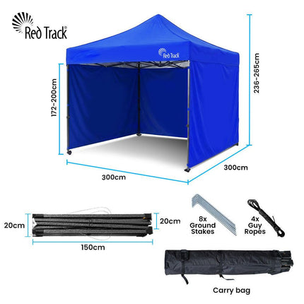 RED TRACK 3x3m Premium Pop Up Gazebo Marquee, Patented Steel Cable Canopy Support System, Wheeled Carry Bag, Side Walls, UV Block, Reinforced Frame, Blue.