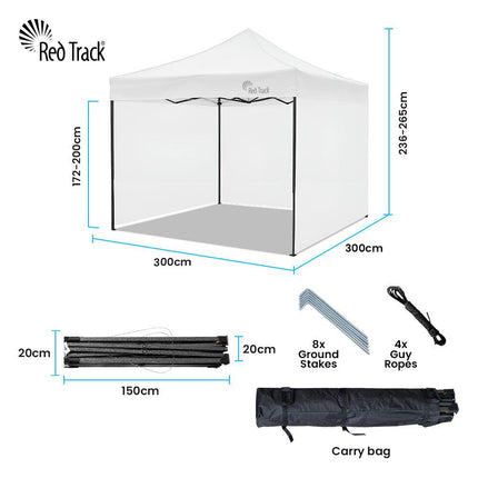 RED TRACK 3x3m Premium Pop Up Gazebo Marquee, Patented Steel Cable Canopy Support System, Wheeled Carry Bag, Side Walls, UV Block, Reinforced Frame, White.