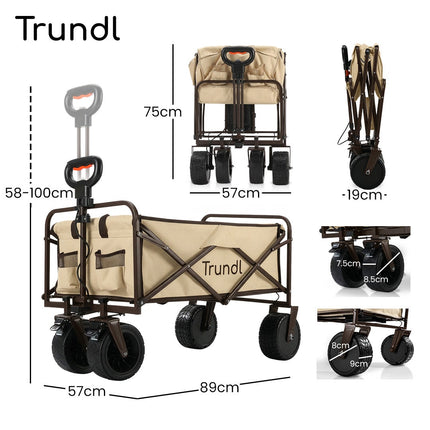 TRUNDL 106L Electric Folding Pull Cart, Powerful Easy Hill Climbing, All-terrain Wheels, Wagon for Beach Camping Shopping, Cream.