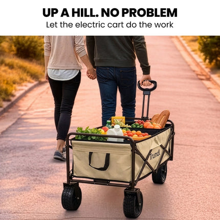 TRUNDL 106L Electric Folding Pull Cart, Powerful Easy Hill Climbing, All-terrain Wheels, Wagon for Beach Camping Shopping, Cream.
