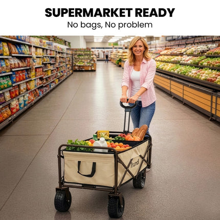 TRUNDL 106L Electric Folding Pull Cart, Powerful Easy Hill Climbing, All-terrain Wheels, Wagon for Beach Camping Shopping, Cream.