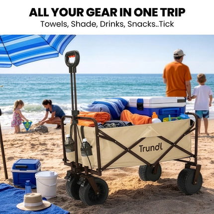 TRUNDL 106L Electric Folding Pull Cart, Powerful Easy Hill Climbing, All-terrain Wheels, Wagon for Beach Camping Shopping, Cream.