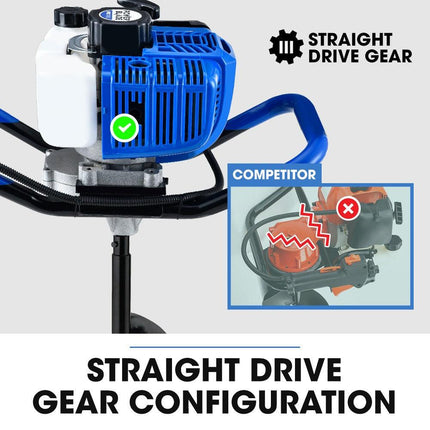 POWERBLADE PD950 52cc 2-Stroke Petrol Post Hole Digger, w/ 3 Auger bits, 600mm Extension Shaft.