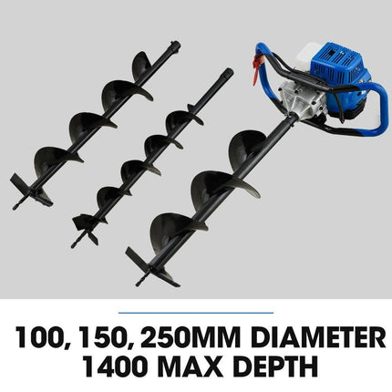 POWERBLADE PD950 52cc 2-Stroke Petrol Post Hole Digger, w/ 3 Auger bits, 600mm Extension Shaft.